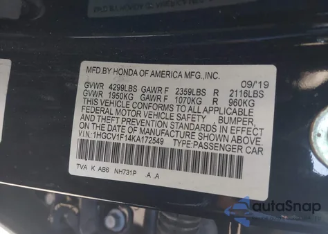 2019 Honda Accord Lx z USA, uszkodzony, nr VIN 1HGCV1F14KA172549